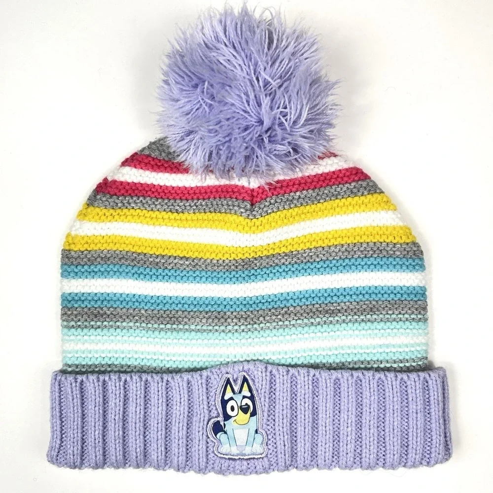 Disney Bluey Beanie Hat Rainbow Stripes Pom Pom Size 2T - 5T Winter Snow Ski